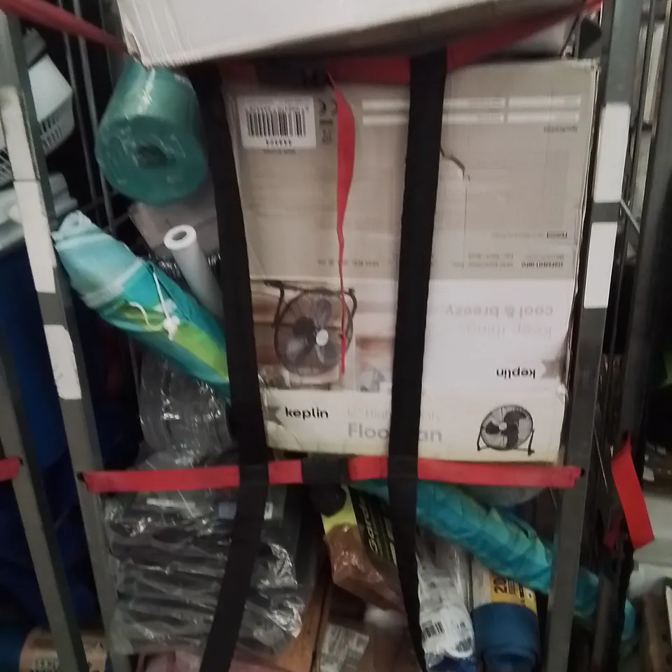 CAGE OF ASSORTED HOUSEHOLD GOODS AND PRODUCTS TO INCLUDE;FAN,YOGA MAT,EXTENTION LEADS,PET COOLING MAT