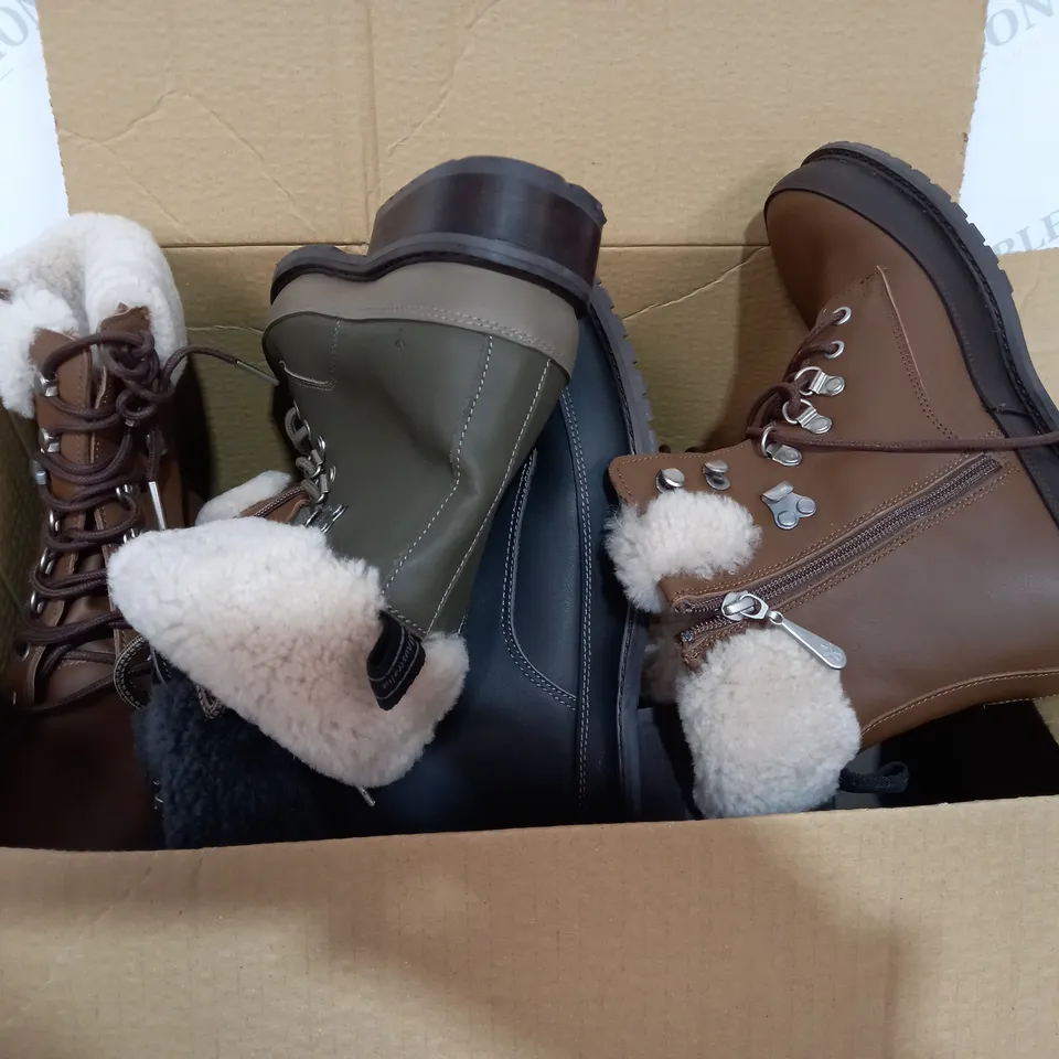 BOX OF APPROXIMATELY 5 PAIRS OF EMU AUSTRALIA BOOTS TO INCLUDE GREEN, BROWN AND BLACK