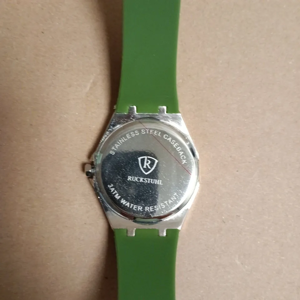 BOXED RUCKSTUHL STAINLESS STEEL WATCH WITH GREEN SILICONE STRAP