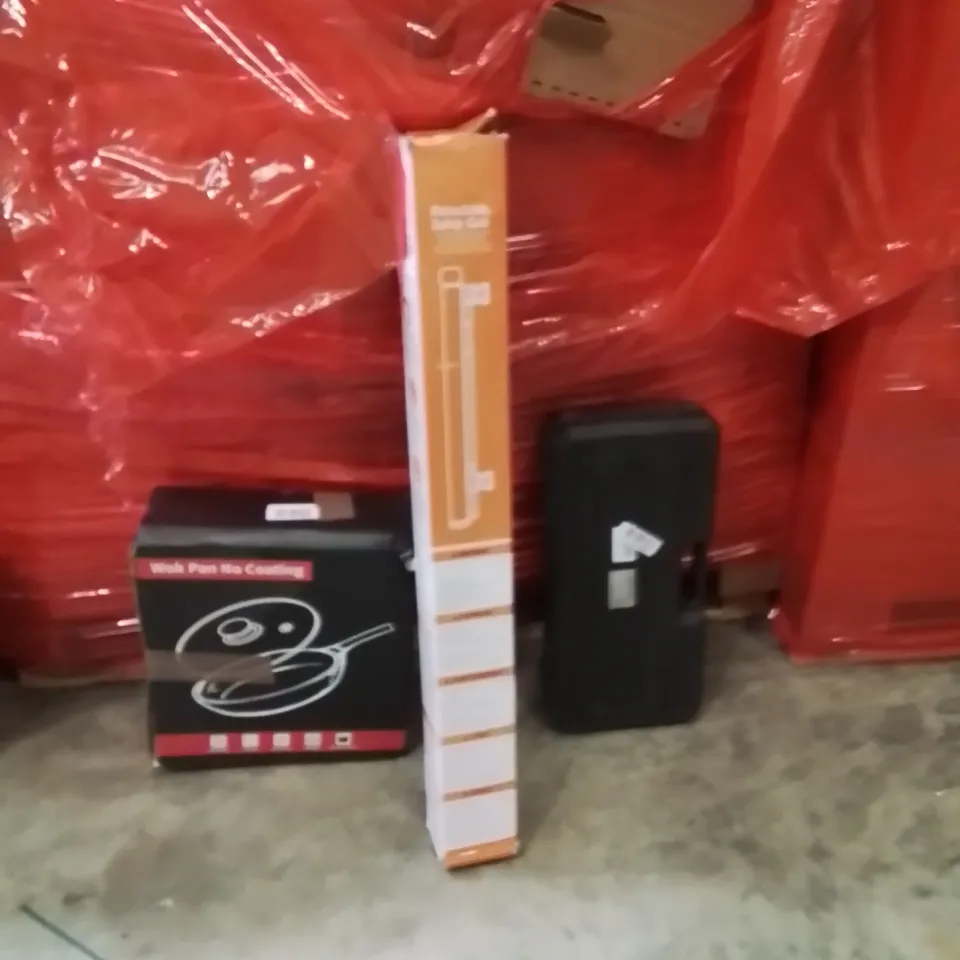 PALLET OF ASSORTED HOUSEHOLD GOODS AND PRODUCTS TO INCLUDE;WOK PAN,RETRACTABLE SAFETY GATE,TOOL BOX