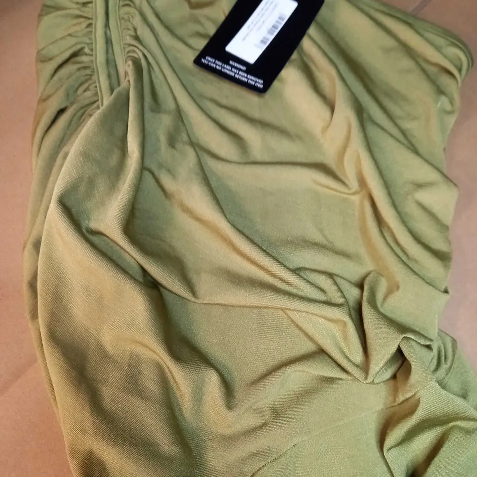 PLT OLIVE SLINKY RUCHED ONE SHOULDER LONGLINE MIDI DRESS - SIZE 12 PETITE