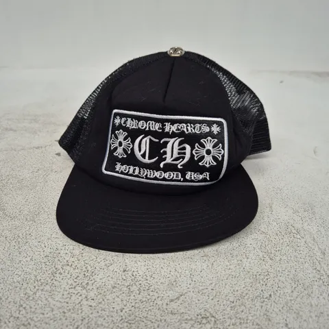 CHROME HEARTS CAP – BLACK TRUCKER HAT WITH PATCH
