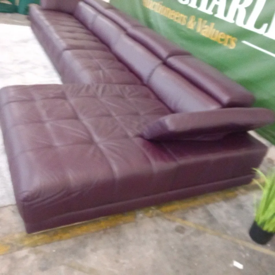 DESIGNER ITALIAN MADE VIVALDI BURGUNDY LEATHER LARGE CORNER SOFA WITH ADJUSTABLE HEADRESTS AND SQUARE PANEL DETAIL