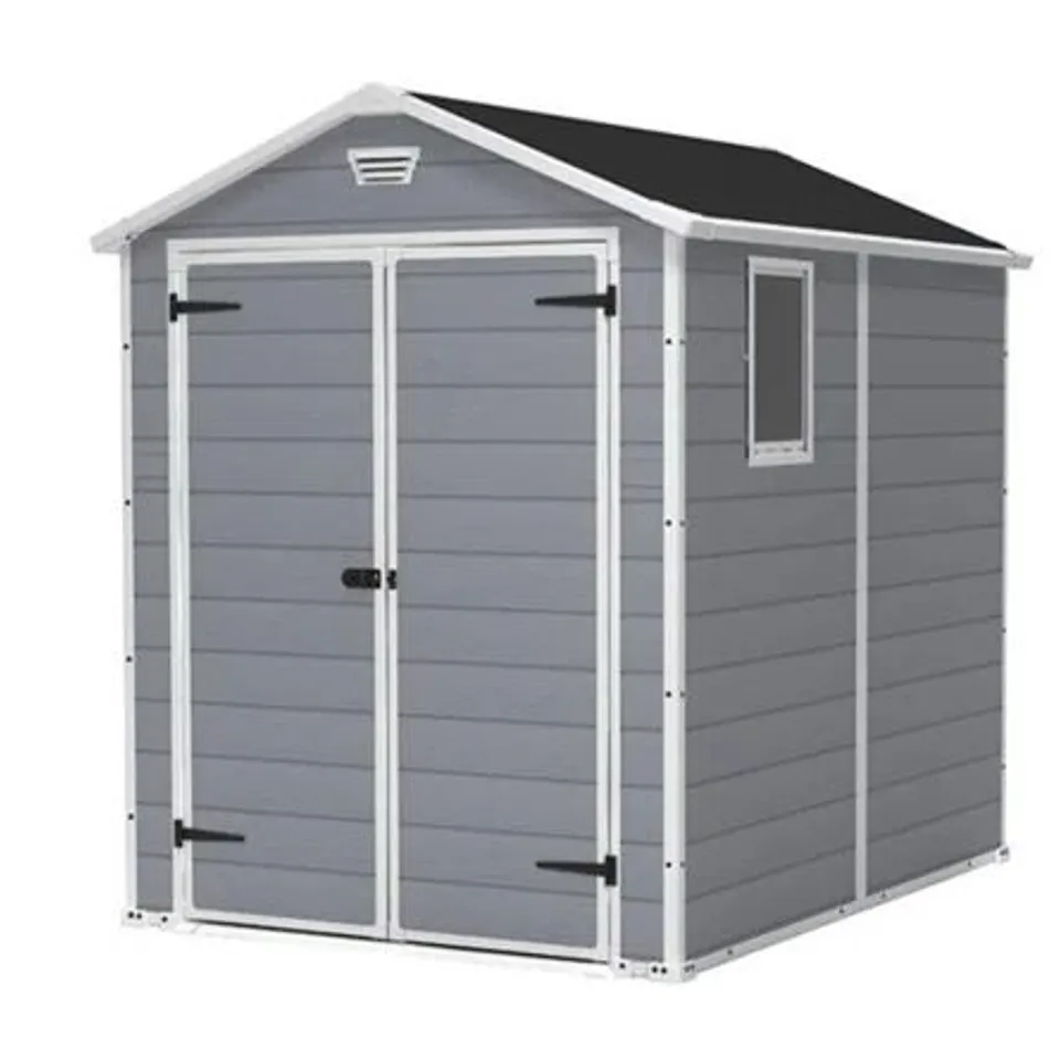 BOXED KETER MANOR 6FT. W × 8FT. D APEX OUTDOOR GARDEN SHED (1 BOX)