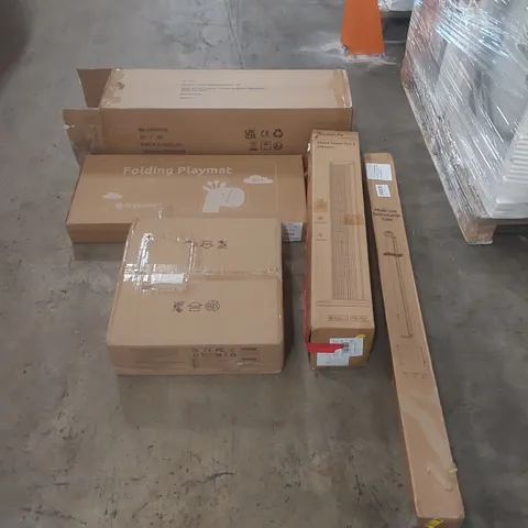 PALLET OF ASSORTED ITEMS INCLUDING: ROLLED MATTRESS, GOVEELIFE SMART TOWER FAN, FAN LIGHT, RETRACTABLE SAFETY GATE, FOLDING PLAYMAT ECT