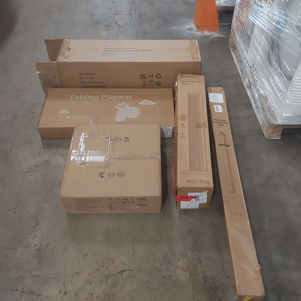 PALLET OF ASSORTED ITEMS INCLUDING: ROLLED MATTRESS, GOVEELIFE SMART TOWER FAN, FAN LIGHT, RETRACTABLE SAFETY GATE, FOLDING PLAYMAT ECT