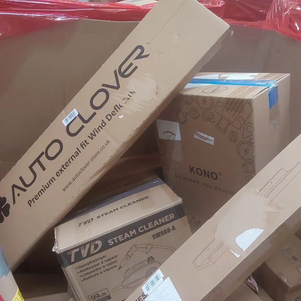PALLET CONTAINING A LARGE QUANTITY OF ASSORTED ITEMS INCLUDING: FLOATING SHELF, STEAM CLEANER, EXTERNAL FIT WIND DEFLECTOR ECT