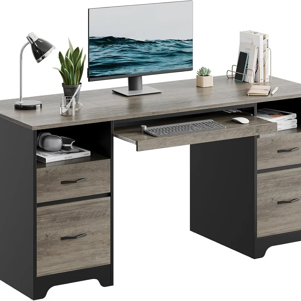 BOXED BESTIER - 59 INCH EXECUTIVE OFFICE DESK WITH FOUR DRAWERS, KEYBOARD TRAY & FILE STORAGE FOR HOME OFFICE - GRAY