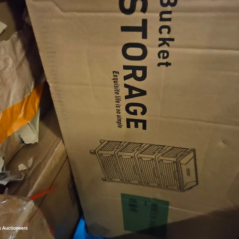 PALLET OF ASSORTED ITEMS TO INCLUDE, BUCKET STORAGE TROLLEY, AUTOMATIC TRASH BIN, TOILET SEATS, BATHMAT SET, BOXED FURNITURE.