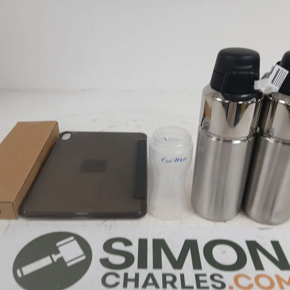 APPROXIMATELY 15 ASSORTED HOUSEHOLD PRODUCTS TO INCLUDE TABLET WITH PROTECTIVE CASE + 2 STAINLESS STEEL FLASKS + SMALL BOTTLE