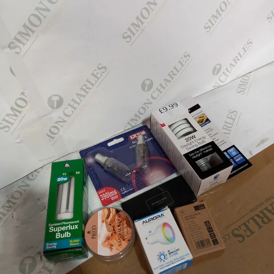 BOX OF ASSORTED HOUSEHOLD ITEMS TOO INCLUDE LIGHTS AND CANDLES 