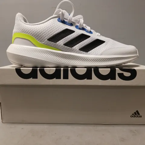 BOXED PAIR OF ADIDAS RUNFALCON 3.0 SHOES IN WHITE/BLACK/LIME/BLUE UK SIZE 5