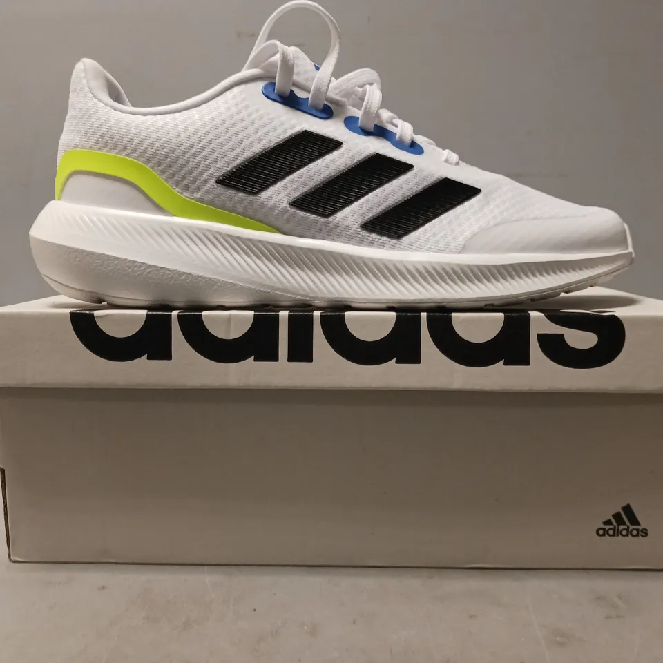 BOXED PAIR OF ADIDAS RUNFALCON 3.0 SHOES IN WHITE/BLACK/LIME/BLUE UK SIZE 5