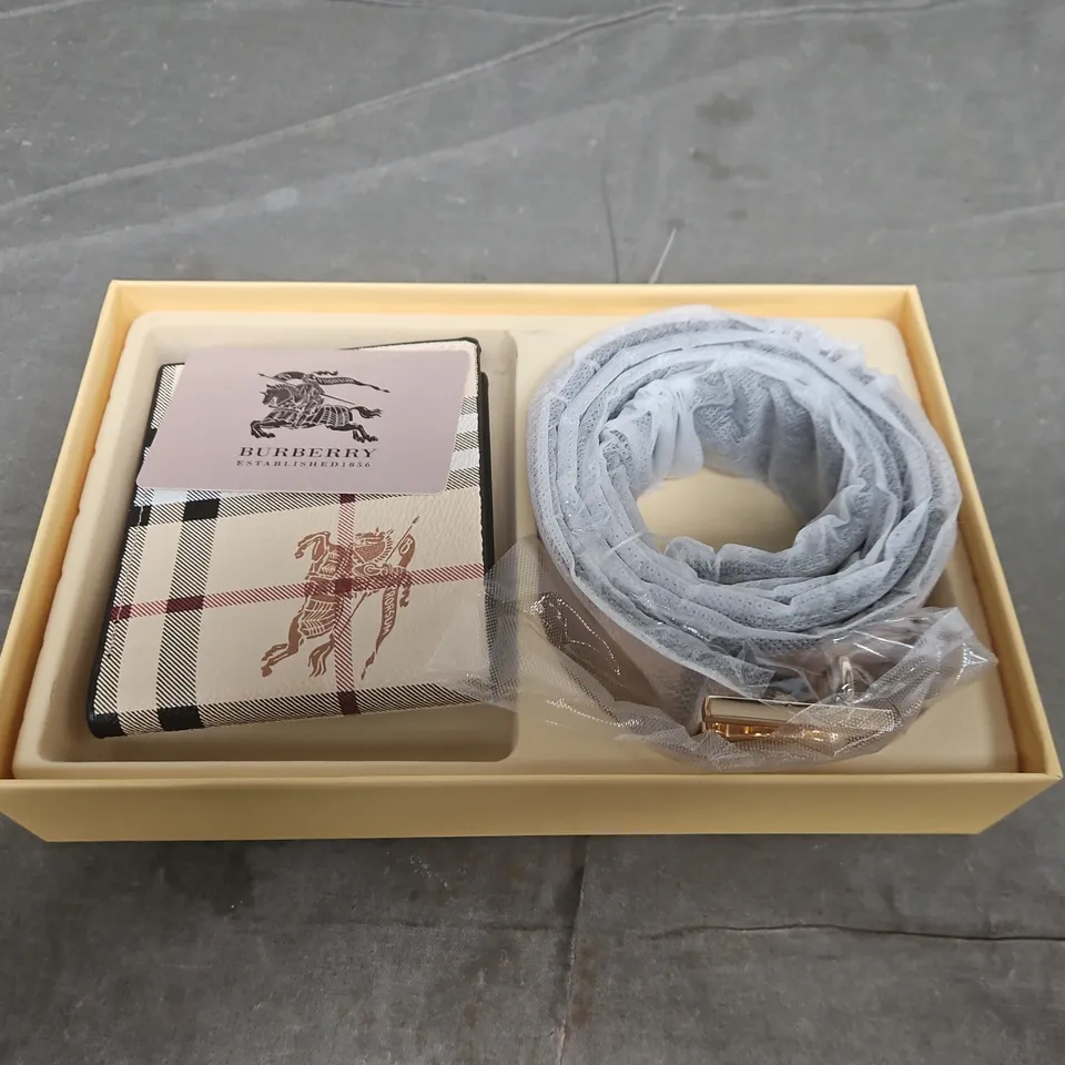 BOXED BURBERRY WALLET AND BELT SET