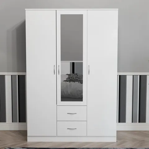 BOXED MAYBERY 3 DOOR 2 DRAWER MIRRORED WARDROBE WITH SHELF & HANGING RAIL - WHITE (3 BOXES)