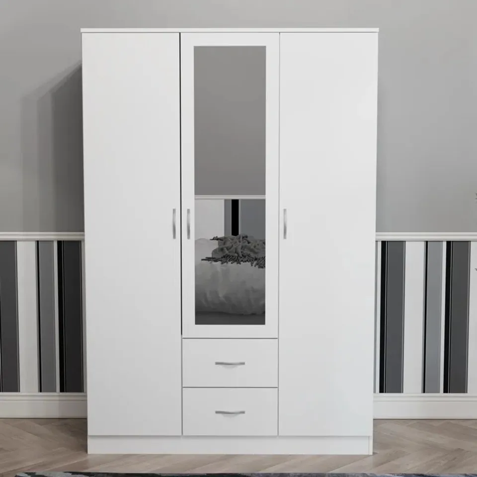 BOXED MAYBERY 3 DOOR 2 DRAWER MIRRORED WARDROBE WITH SHELF & HANGING RAIL - WHITE (3 BOXES)