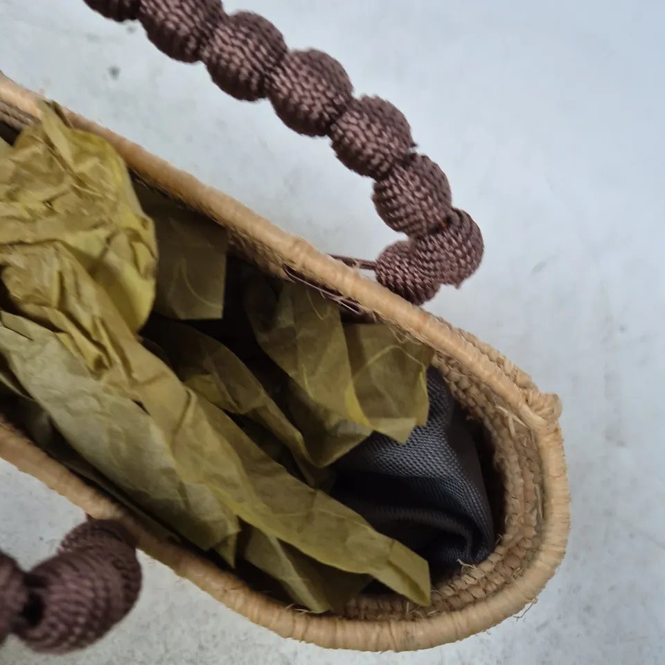 SET OF 3 BAGS: WOVEN STRAW TOTE WITH BEAD HANDLES; PROVENCE OLIVE OIL TOTE; SMALL GREY MESH WINDOW POUCH