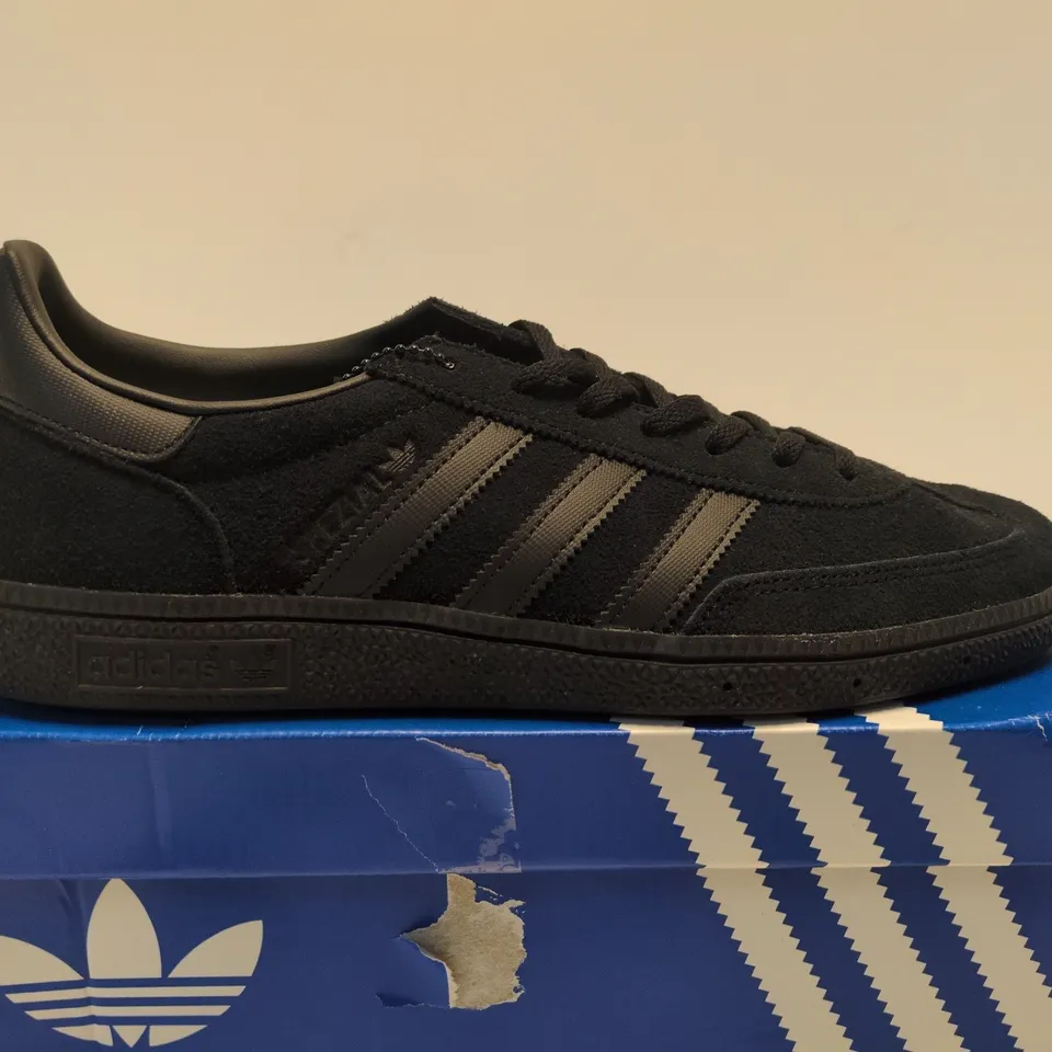 BOXED PAIR OF ADIDAS HANDBALL SPEZIAL SNEAKERS – BLACK SUEDE, UK 9