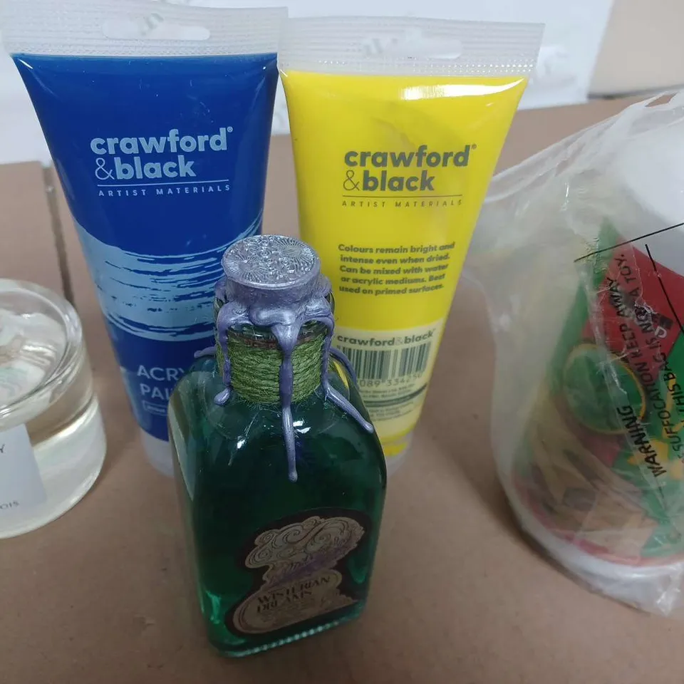 BOX OF ASSORTED HOUSE HOLD ITEMS TO INCLUDE - PAINTS - DEFUSES - WOOD GLUE - COLLECTION ONLY