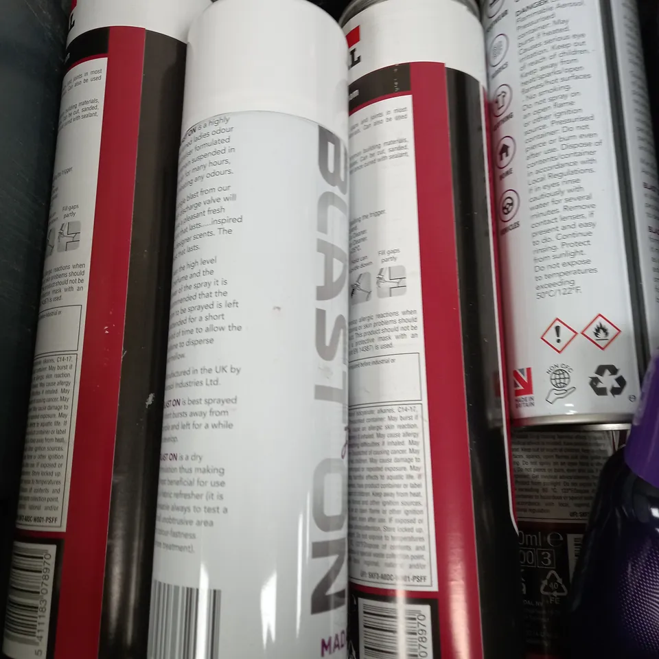 BOX OF APPROX 10  ASSORTED LIQUIDS TO INCLUDE - EXPANDING FOAM, AIR FRESHENER, VIOLET OUD ETC