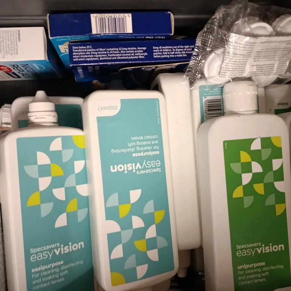 APPROXIMATELY 20 ASSORTED ITEMS TO INCLUDE EASYVISION CONTACT LENSE CLEANER, NICORETTE GUM, ETC