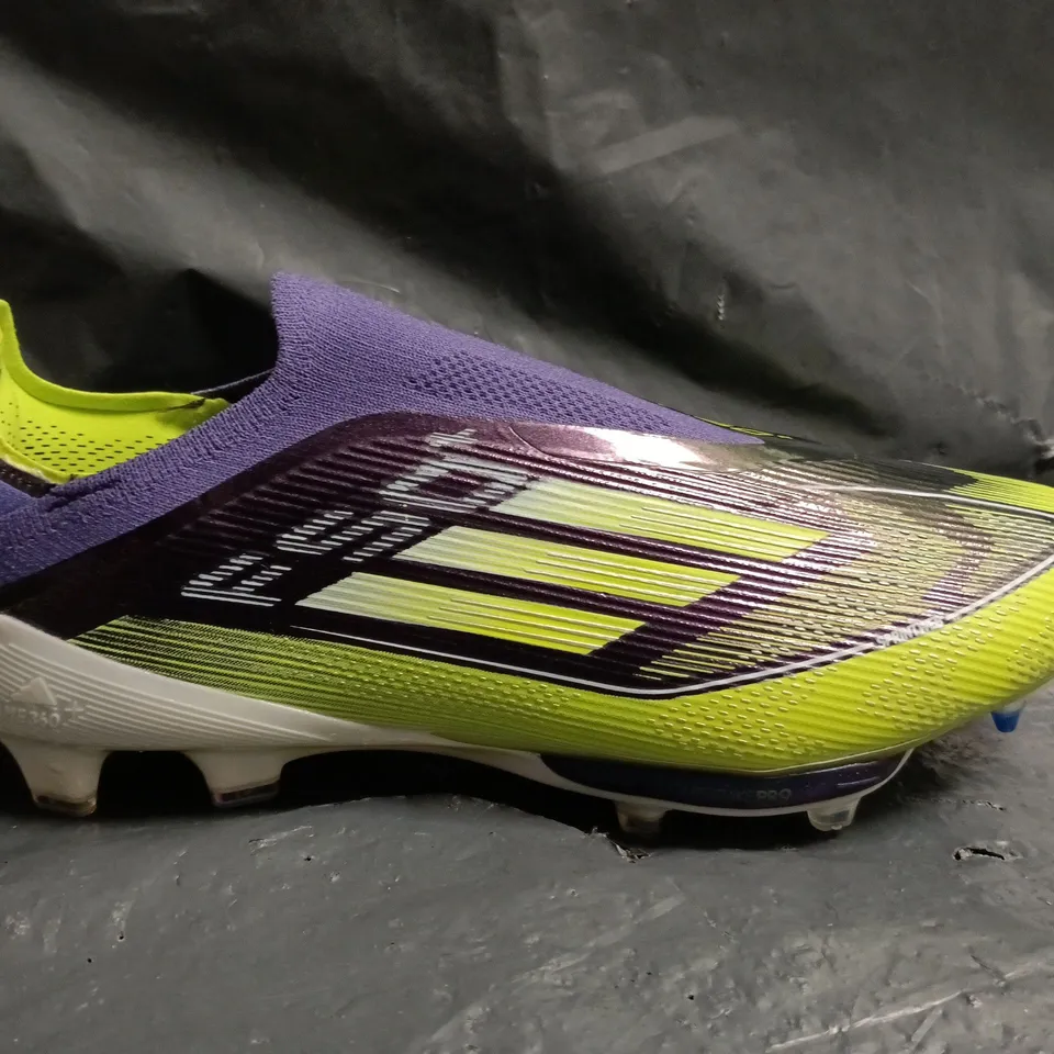 PAIR OF ADIDAS F50+ FOOTBALL BOOTS IN PURPLE/LIME SIZE UK 6.5