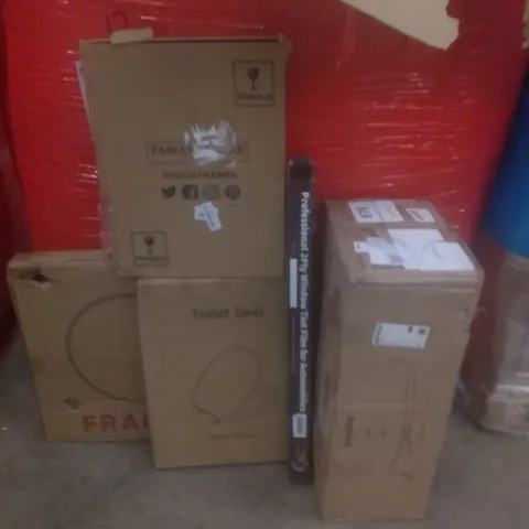 PALLET OF ASSORTED ITEMS INCLUDING PHOTO FRAME, TOILET SEAT, CEILING FAN, WINDOW TINT