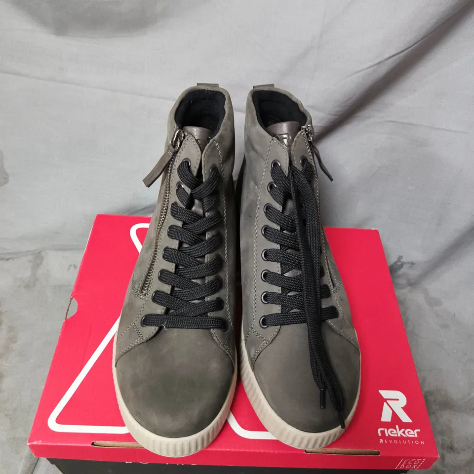 BOXED PAIR OF RIEKER GREY SUEDE HIGH-TOP SNEAKERS – MEN'S - SIZE 41