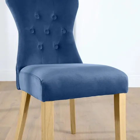 BOXED BEWLEY DINING CHAIR, BLUE CLASSIC VELVET & NATURAL OAK FINISHED SOLID HARDWOOD 