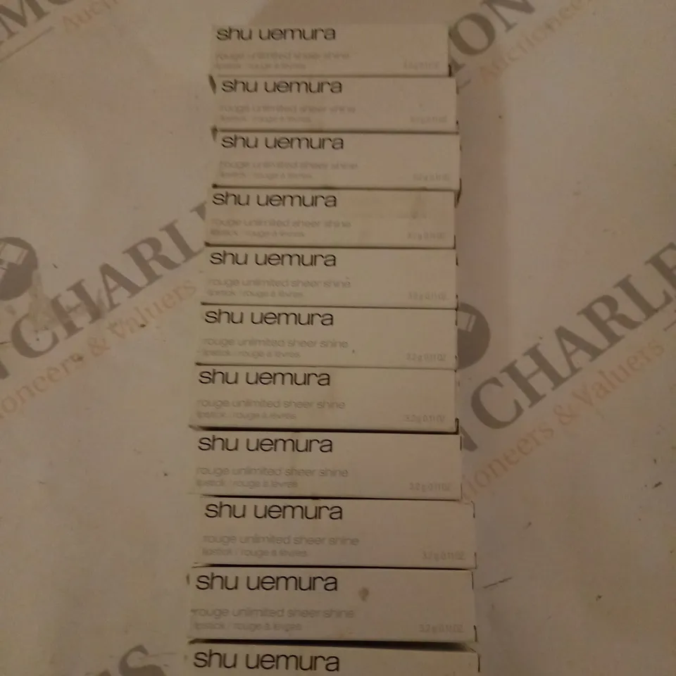 BOX OF APPROXIMATELY 10 SHU UEMURA ROUGE UNLIMITED SHEER SHINE LIPSTICK