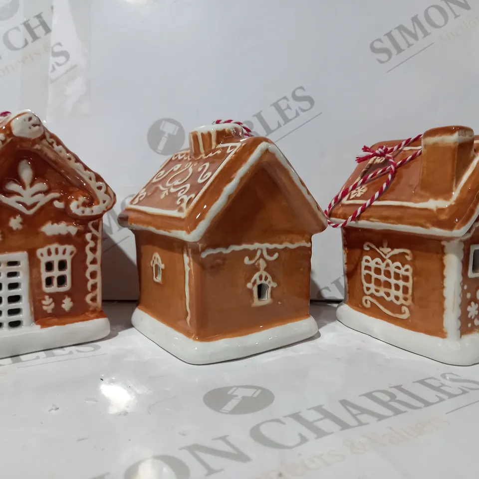 BOXED SET OF 3 PRE-LIT CERAMIC TREE HANGING GINGERBREAD HOUSES