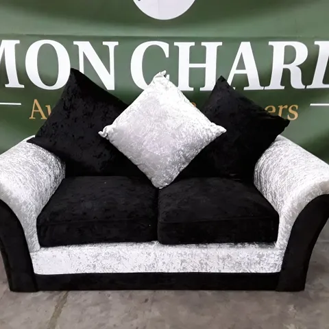 DESIGNER 2 SEATER SOFA - SILVER/BLACK VELVET FABRIC