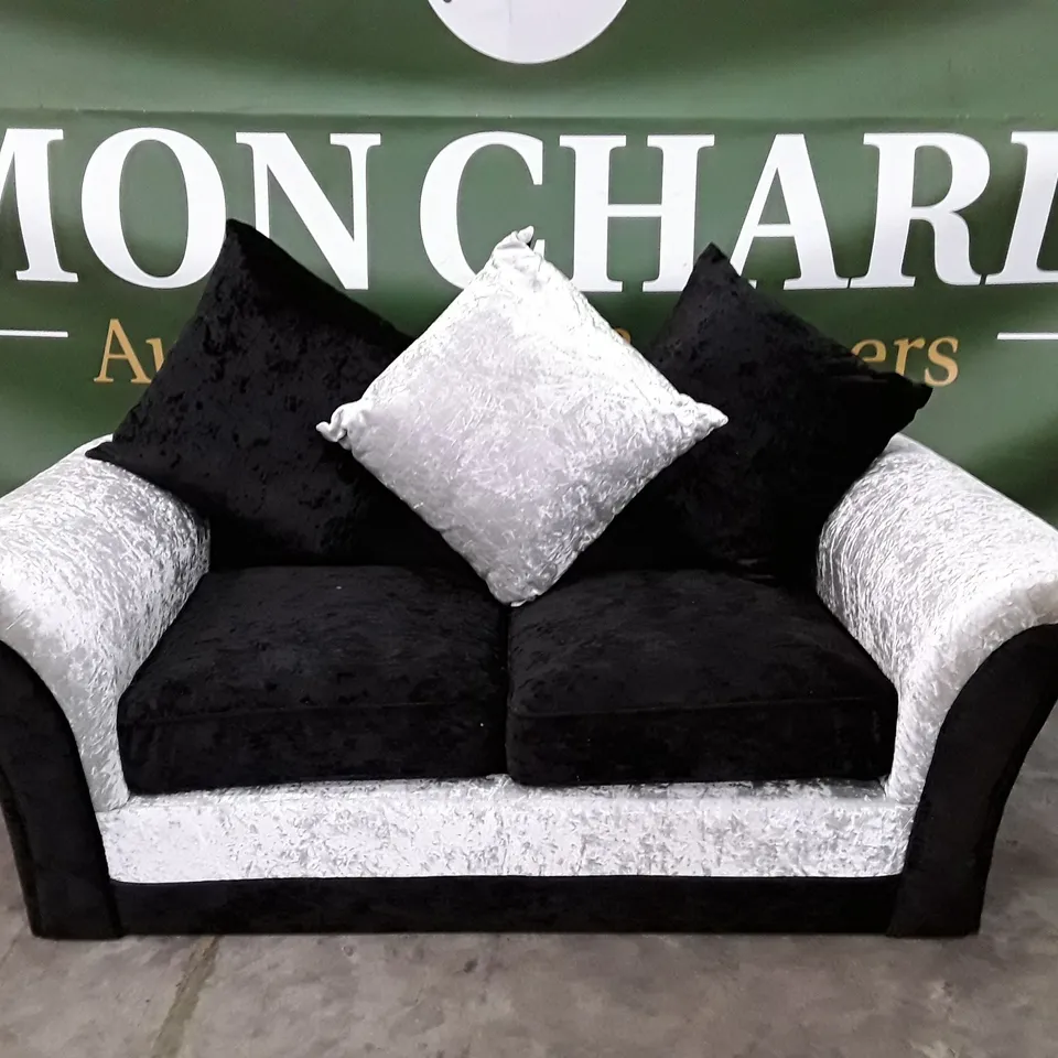 DESIGNER 2 SEATER SOFA - SILVER/BLACK VELVET FABRIC