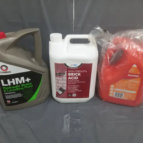 TOTE OF 3 ASSORTED HOUSEHOLD GOODS TO INCLUDE LHM+, BRICK ACID, AND SWARFEGA ORANGE 