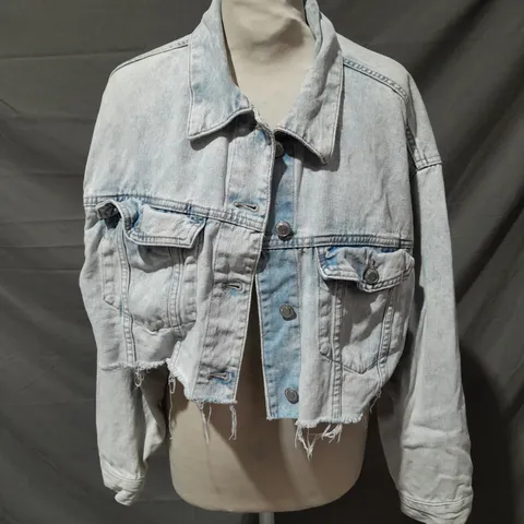 BERSHKA LONG SLEEVE RIPPED DENIM JACKET IN LIGHT BLUE SIZE MEDIUM