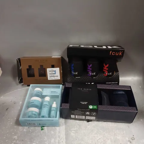 LOT OF 4 ASSORTED COSMETIC BOXSETS TO INCLUDE - TED BAKER TONICS TRIO - FCUK BODY SPRAY TRIO - ELF SKIN HOLY HYDRATION SKINCARE SET - ETC