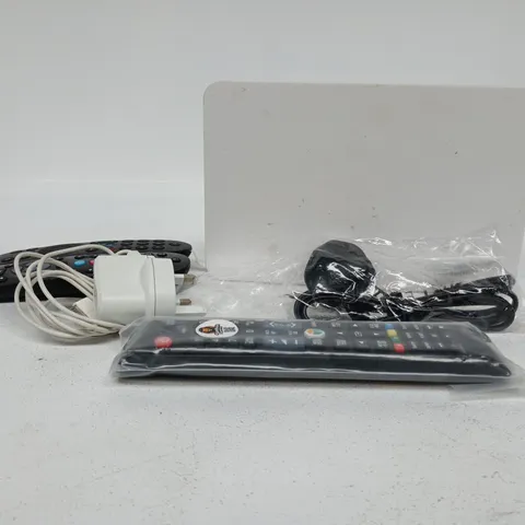 TOTE OF APPROXIMATELY 18 ASSORTED ITEMS TO INCLUDE SKY ROUTER, SKY REMOTE CONTROLS, POWER SUPPLIES ETC