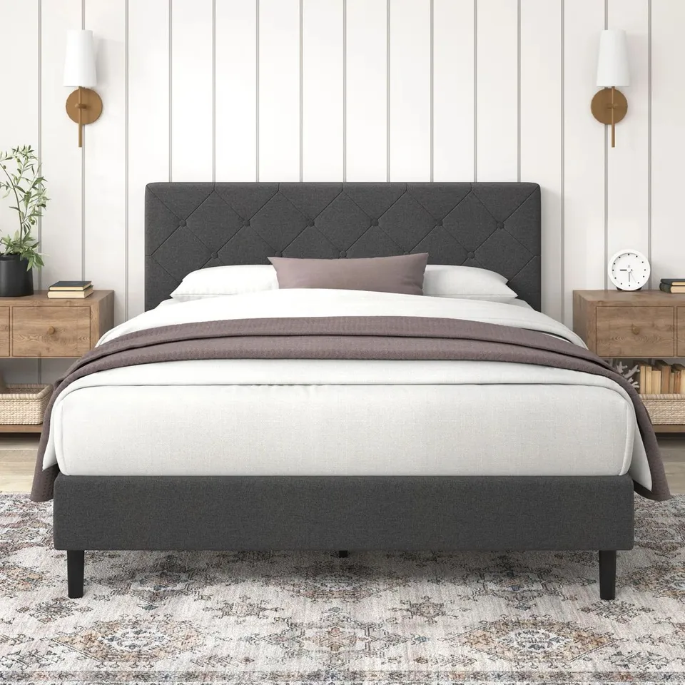 BOXED RIDLEY UPHOLSTERED BED FRAME WITH BUTTON - TUFTED HEADBOARD, DOUBLE (1 BOX)