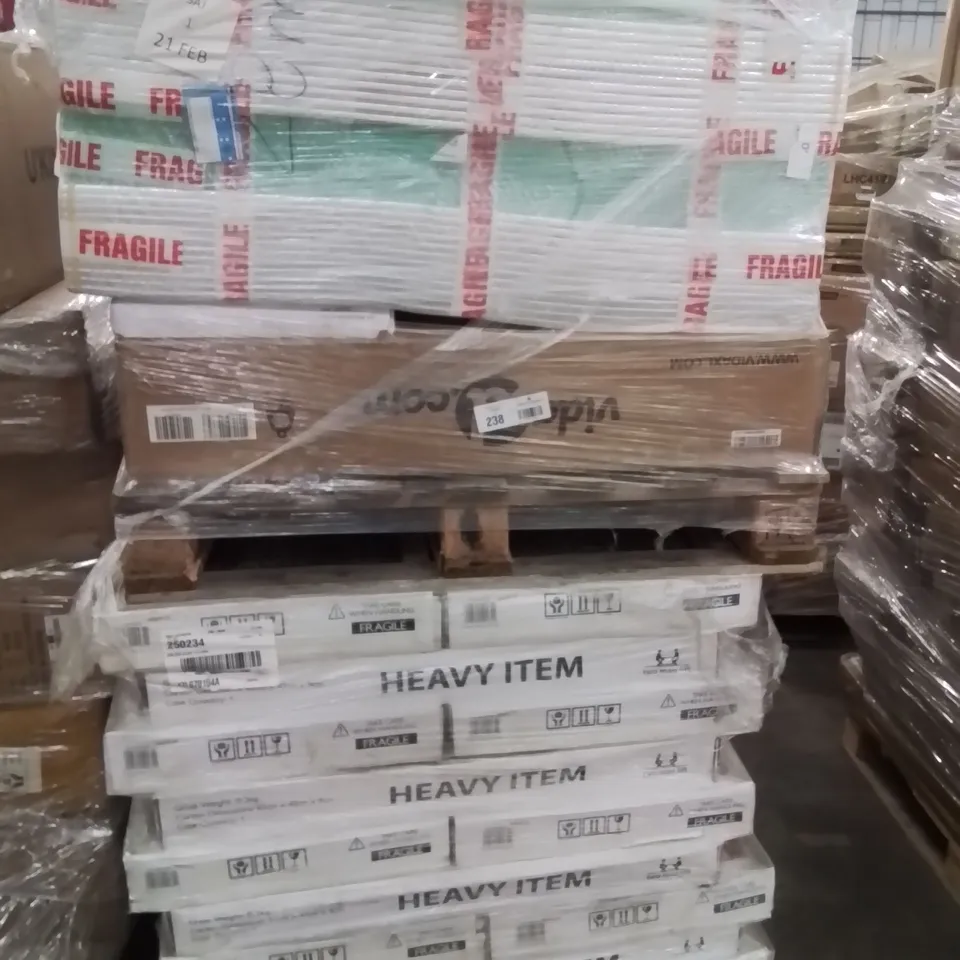 MIXED PALLET OF VARIOUS HOUSEHOLD ITEMS TO INCLUDE: TOILET SEATS, SEVERAL GLASS TV STANDS, FOAM TILES ECT.