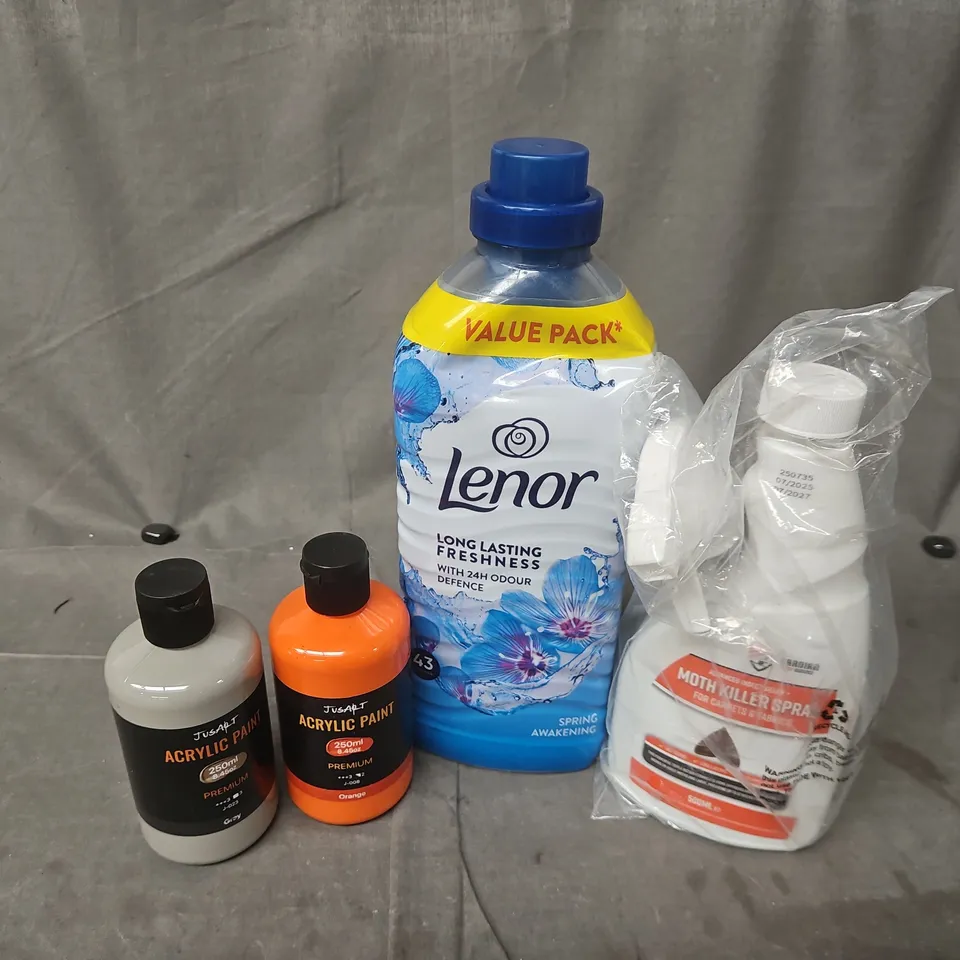 APPROXIMATELY 12 ASSORTED HOUSEHOLD LIQUID PRODUCTS TO INCLUDE ACRYLIC PAINT LENOR SPRING AWAKENING, MOTH KILLER SPA, ETC