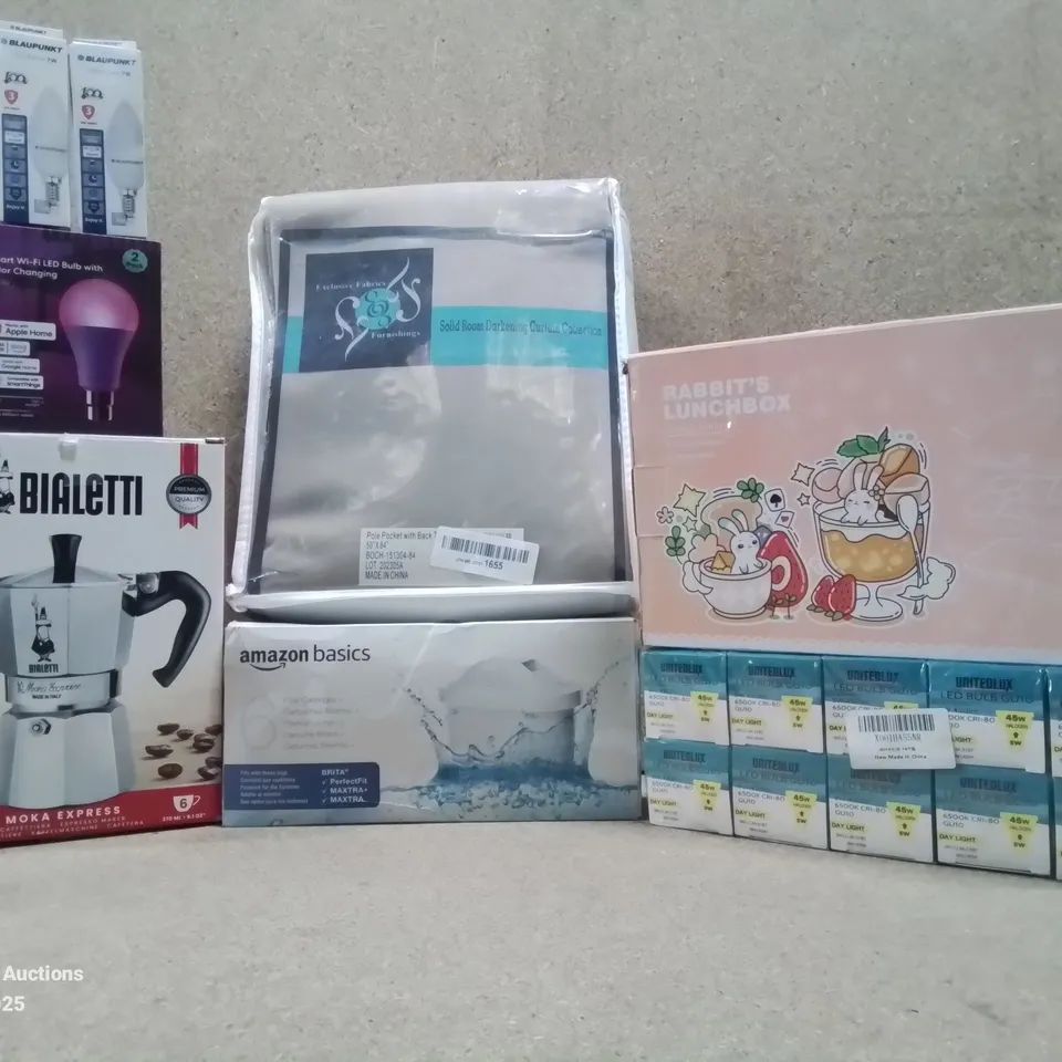 BOX TO CONTAIN ASSORTED HOUSEHOLD GOODS AND PRODUCTS TO INCLUDE;SOLID ROOM DARKENING CURTAINS, BIALETTI MOKA EXPRESS, UNITEDLUX LED BULB GU10