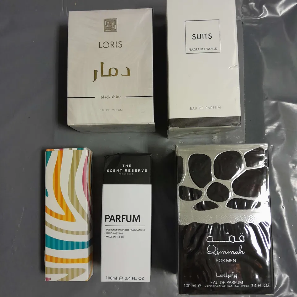 BOX OF APPROXIMATELY 5 ASSORTED BOXED FRAGRANCES TO INCLUDE - FRAGRANCE WORLD SUITS - THE SCENT RESERVE PARFUM - LORIS BLACK SHINE - ETC