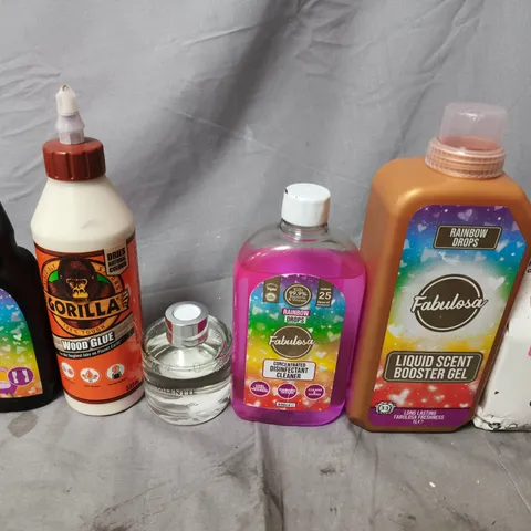 APPROXIMATELY 6 ASSORTED LIQUID ITEMS TO INCLUDE FABULOSA, GORILLA  WOOD GLUE AND WASHING UP LIQUID 