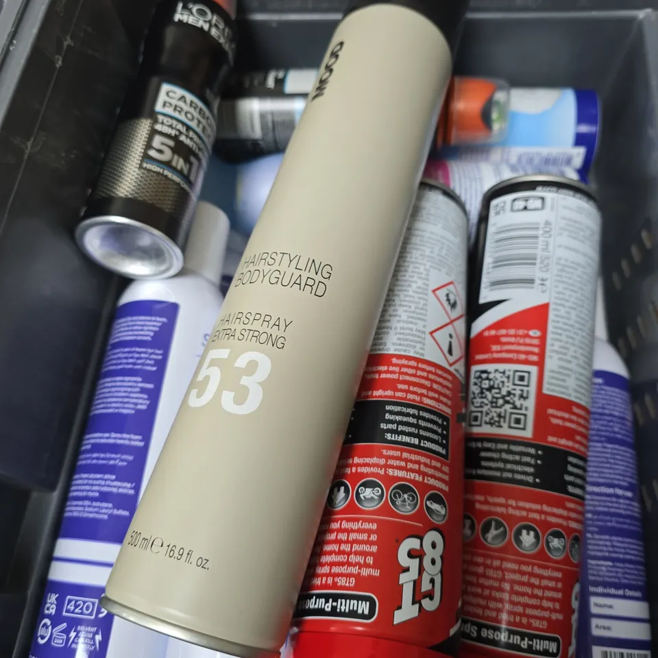 APPROXIMATELY 12 ASSORTED AEROSOLS INCLUDING L'OREAL DEODORANT , HOLTS EASY START ENGINE SPRAY AND SENSET SKIN CLEANSING FOAM 