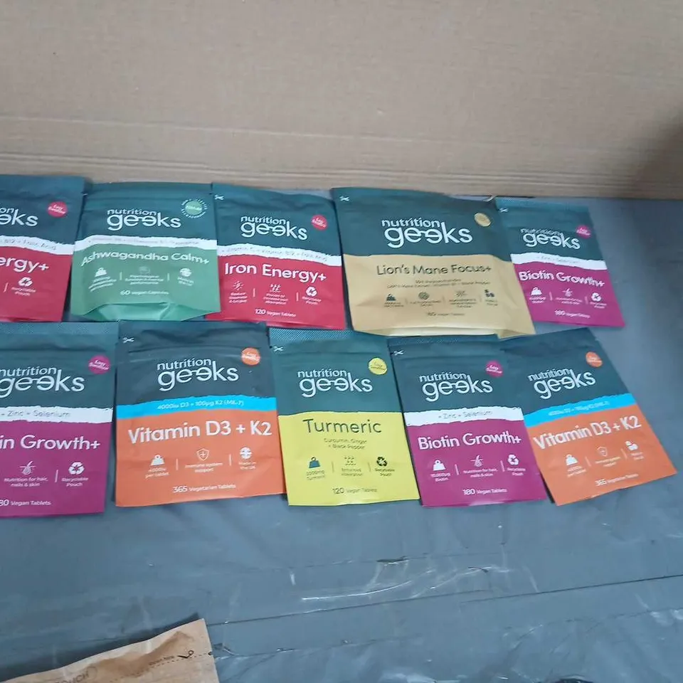 APPROXIMATELY 12 NUTRITION GEEKS VITAMINS – ASSORTED SUPPLEMENT SACHETS