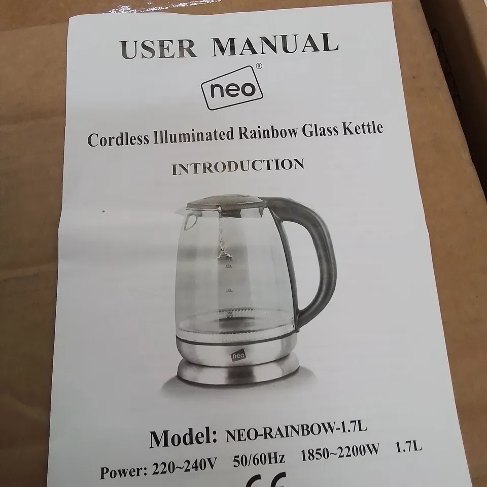 BOXED NEO® RAINBOW LED ILLUMINATED ELECTRIC GLASS COPPER KETTLE 1.7L CORDLESS (CHROME)