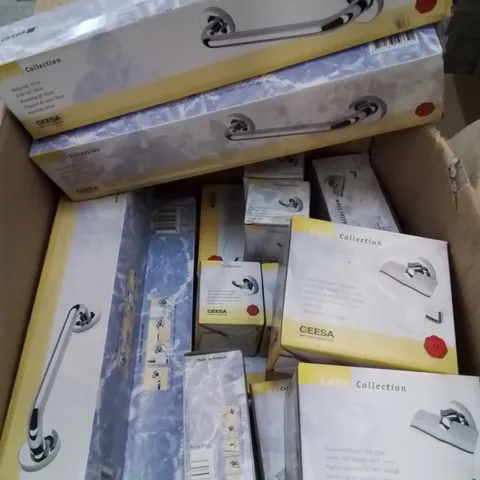 MIXED BOX OF BATHROOM FIXTURES: TOWEL HOLDERS, TOILET ROLL HOLDERS ECT.