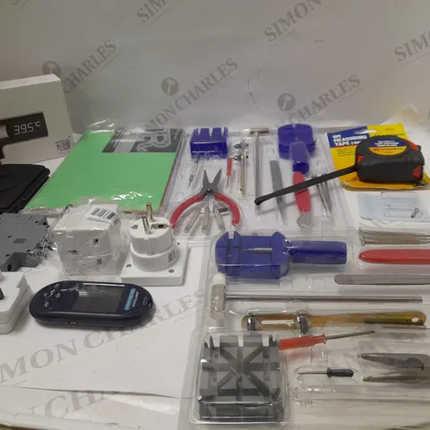 LOT OF ASSORTED HOUSEHOLD ITEMS TO INCLUDE PLUG ADAPTERS, THERMOMETER AND WATCH REPAIR KITS