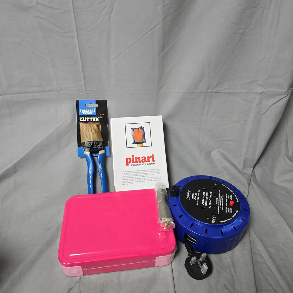 APPROXIMATELY 10 ASSORTED HOUSEHOLD ITEMS TO INCLUDE DAEWOO 2 WAY SOCKET EXTENSION REEL, 3D PIN SCULPTURE, DRAPER EXPERT WIRE CUTTER, ETC