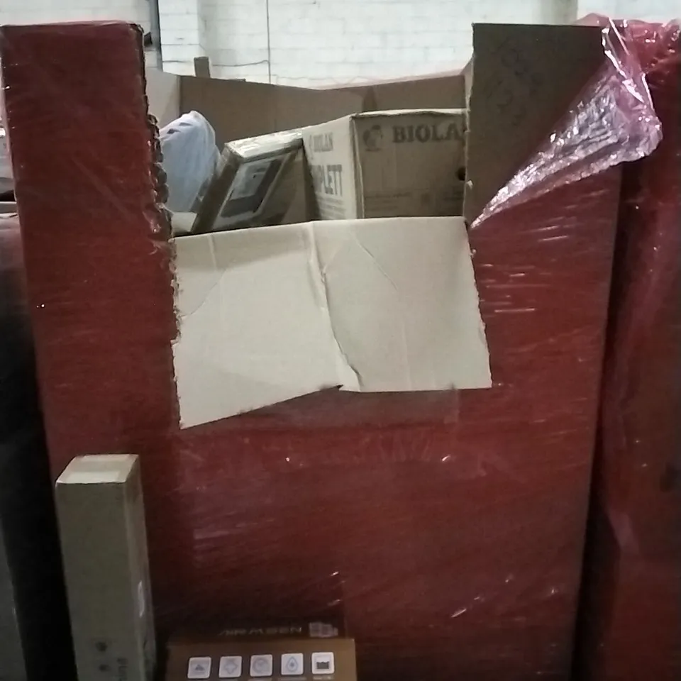 PALLET OF HOUSEHOLD ITEMS TO INCLUDE CHAIR MAT FOR CARPET, COFFEE MAKER,CONVECTOR HEATER AND OTHER ASSORTED ITEMS...